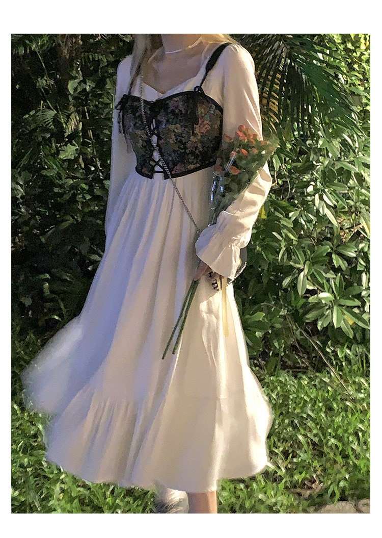 Cottagecore Corset with Vintage Lolita Dress Set - Princesscore Aesthetic Long Sleeve Dress with Dark Goblincore Corset