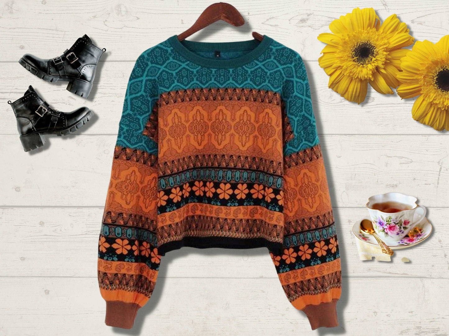 Cottagecore Clothing, Retro Knitted Sweater - Cozy Knit Vintage Design Sweater - Dark Academia Aesthetic Long Sleeve Boho Sweater