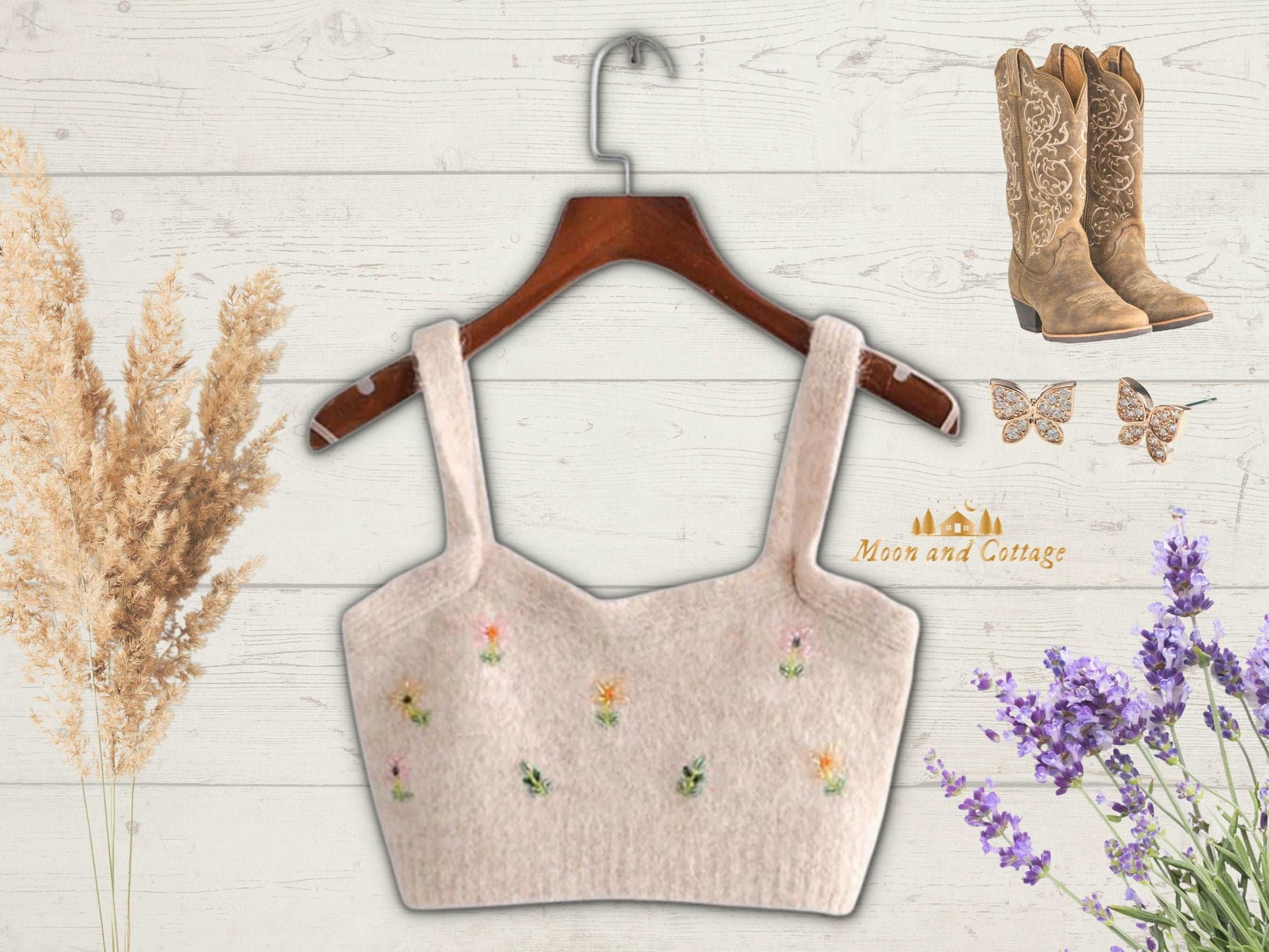 Cottagecore Clothing, Floral Embroidery Knit Crop Top Bralette - Cropped Knitted Boho Tank Top - Women Camis Chic Goblincore Top