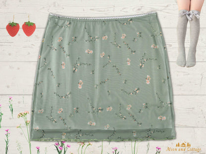 Chic Floral Mini Skirt - Goblincore Aesthetic, Fashionable Slim Fit Boho Skirt - Vintage Floral Lace Cottagecore Skirt