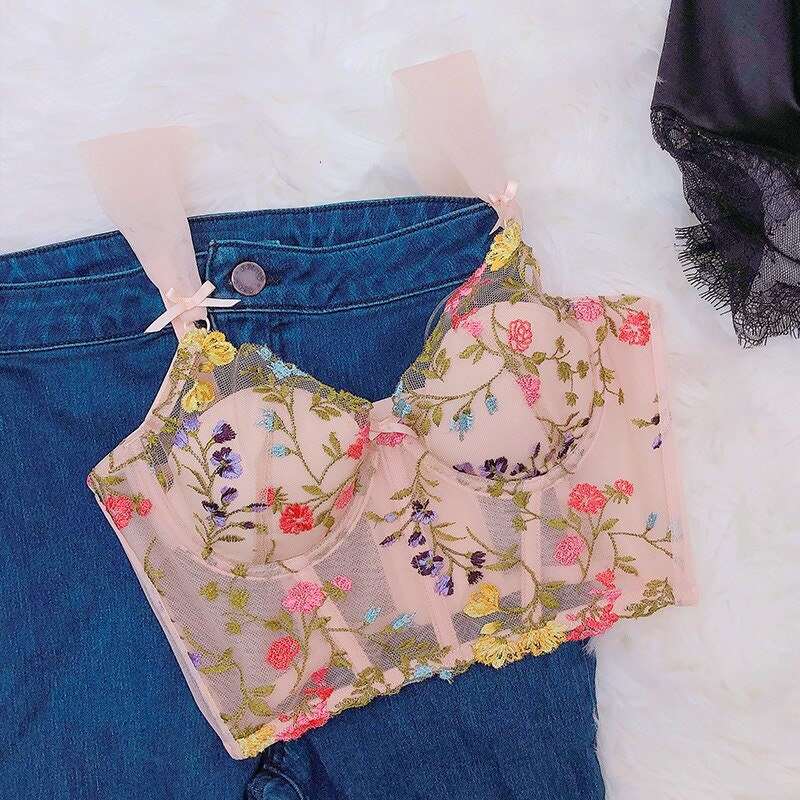 Fairycore Aesthetic, Romantic Floral Embroidery Crop Top, Romantic Thin Cup with Pad Bralette - Women Sexy Push Up Lace Bra