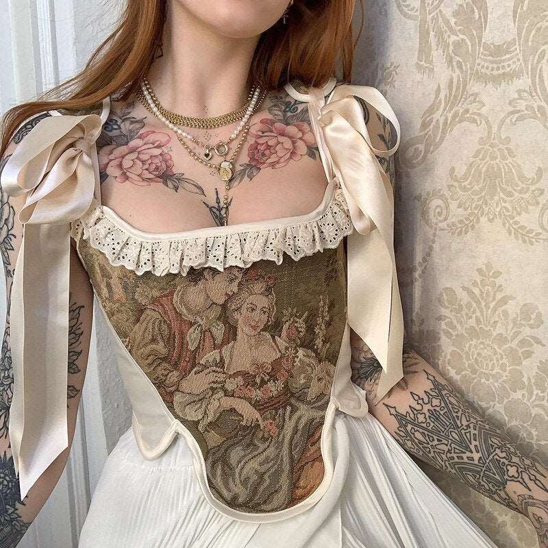 Cottagecore Clothing, Renaissance Bandage Bustier Top - Parisian Style Vintage Lace Trim Portrait Graphic Corset Top