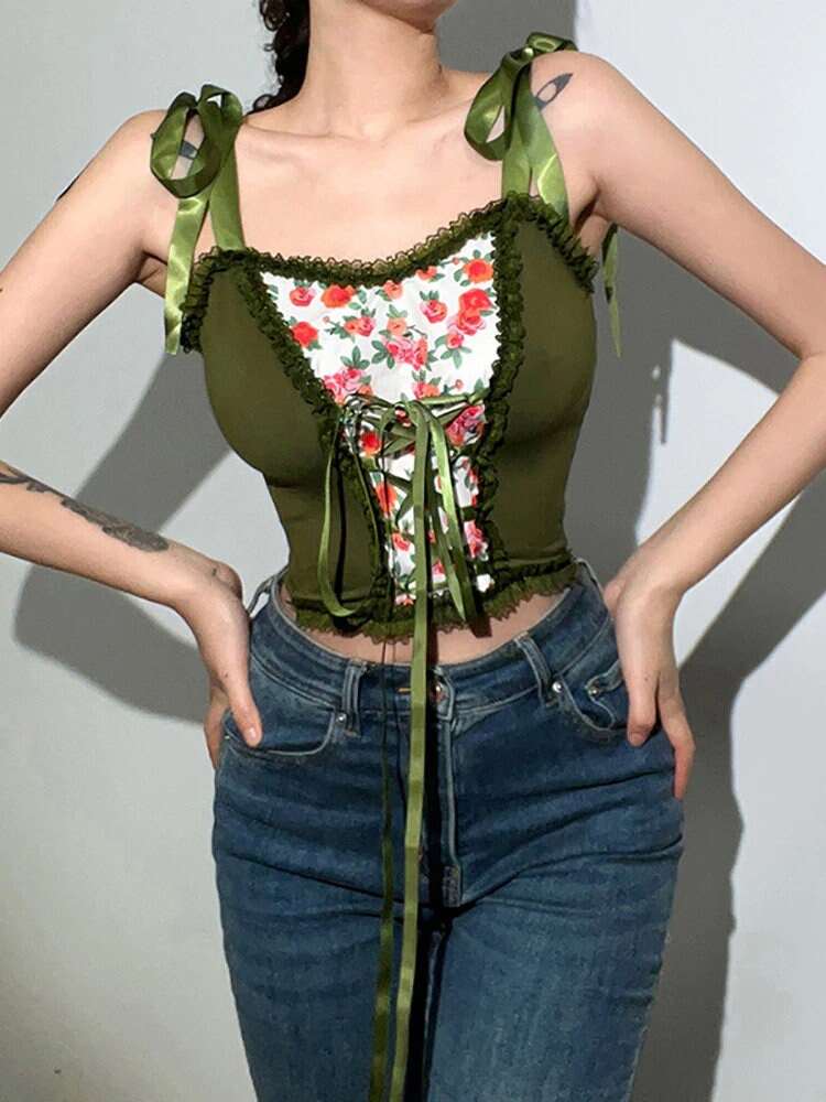 French Lace Up Corset Tops To Wear Out Women's Vintage Floral
