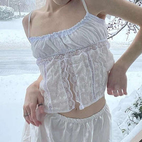 Cottagecore Aesthetic - White Lace Open Front Crop Top - Fairycore Aesthetic, Vintage Floral Ruffle Sleeveless Tank Top - Women 90s Boho Top