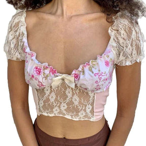 Cottagecore Clothing, Vintage Coquette Crop Top - Princesscore Aesthetic Floral Lace Patchwork Shirt - Women Puff Sleeve Low Cut Fairy Tee