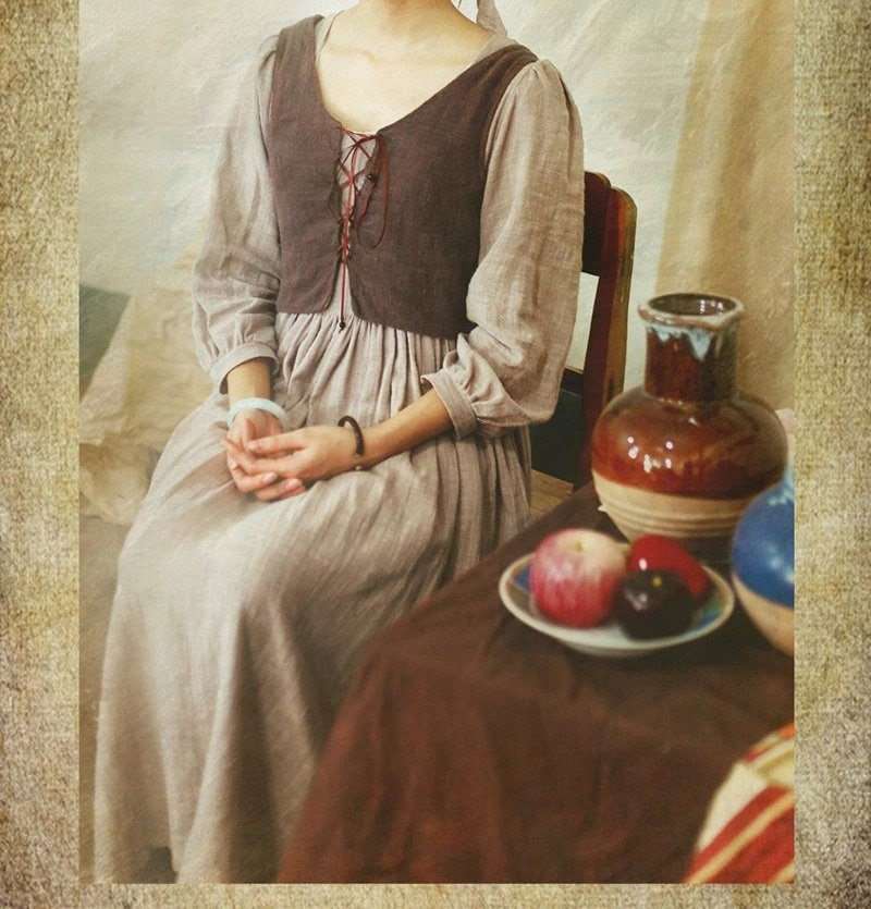 Cottagecore Aesthetic | Renaissance Dress and Corset Two Piece Set | Women O-Neck Long Lantern Sleeve A-Line Vintage Prairie Dress