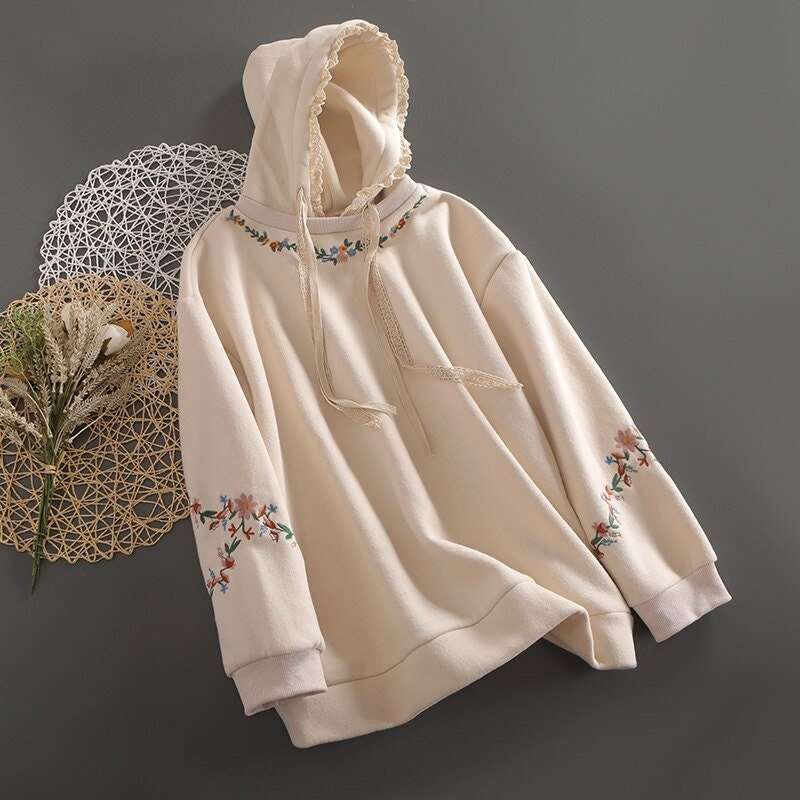 Cottagecore Aesthetic | Flower Embroidery Fairycore Cozy Hoodie | Long Sleeve Hooded Sweatshirt | Women Floral Boho Hoodie