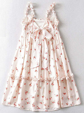 Cottagecore Prairie A-Line Mini Dress | Vintage Aesthetic | Floral Ruffle Printed Dress With Bow | Women Flounced Sleeveless Boho Dress