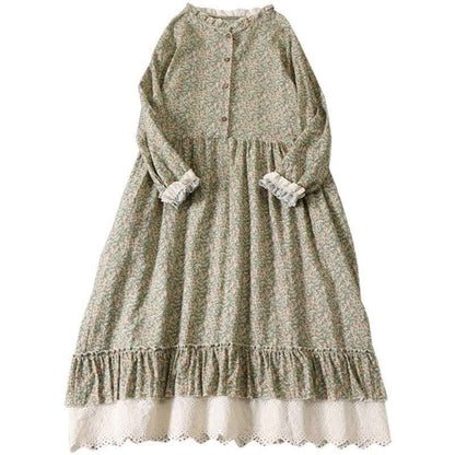 Cottagecore Prairie Midi Dress | Fairycore Clothing, Floral Ruffled A-Line Dress | Women Romantic Period Long Sleeves Boho Dress