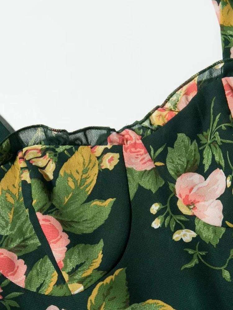 Cottagecore Clothing, Botanical Mini Dress - Women Ruffle Floral Print Dress - Vintage Backless Spaghetti Strap A-Line Boho Dress