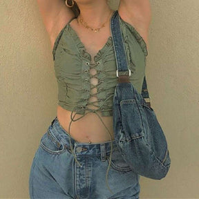 Fairycore Aesthetic Earth Green Camisole - Goblincore Aesthetic, Ruffle Trim Lace Up Casual Top - Women Boho Top