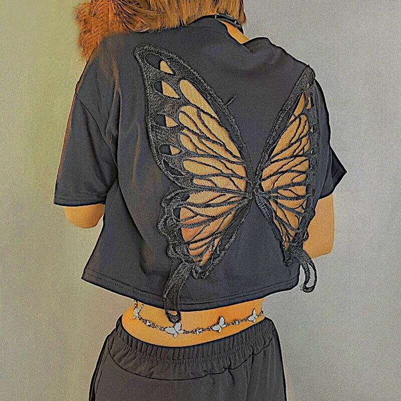Butterfly Cut Out Y2k Tee - Indie Aesthetic Short Sleeve  Boho Crop Top - Grunge Style Women Top