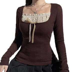 Dark Cottagecore Long Sleeve Top - Fairycore Aesthetic, Casual Slim Long Sleeve Top - Women Ribbed Boho T-Shirt