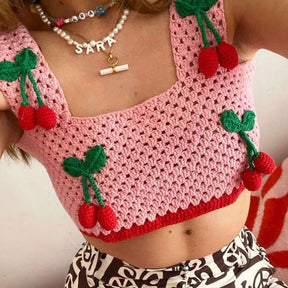 Cottagecore Aesthetic, Knitted Fairycore Crop Top Vintage Chic Tank Top - Women Fruit Embroidery Sleeveless Camis