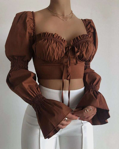 Cottagecore Bustier Crop Top - Fairycore Aesthetic, Long Puffy Sleeves Ruffle Tank Top - Women Floral Lace-Up Boho Camis