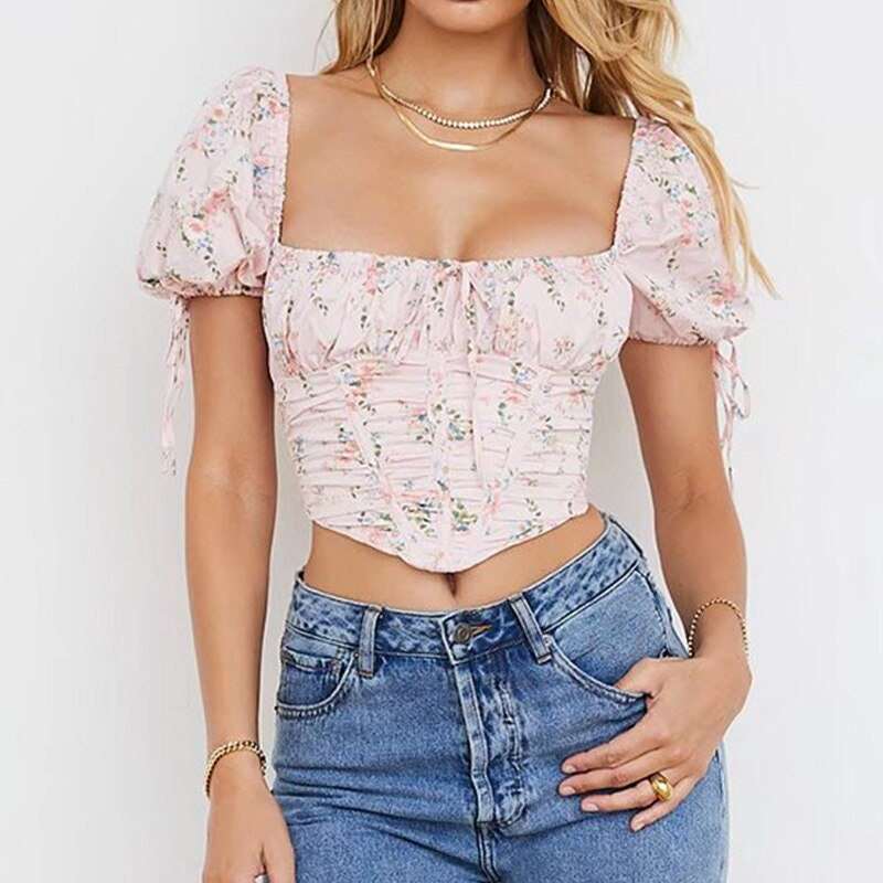 Cottagecore Aesthetic | Coquette Pink Floral Print Fairycore Blouse | Short Puff Sleeve Boho Blouse |  French Style Bow Ruffle Crop Top