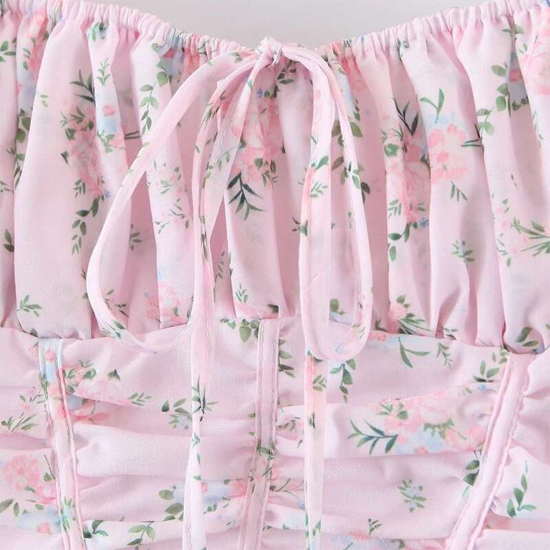 Cottagecore Aesthetic | Coquette Pink Floral Print Fairycore Blouse | Short Puff Sleeve Boho Blouse |  French Style Bow Ruffle Crop Top