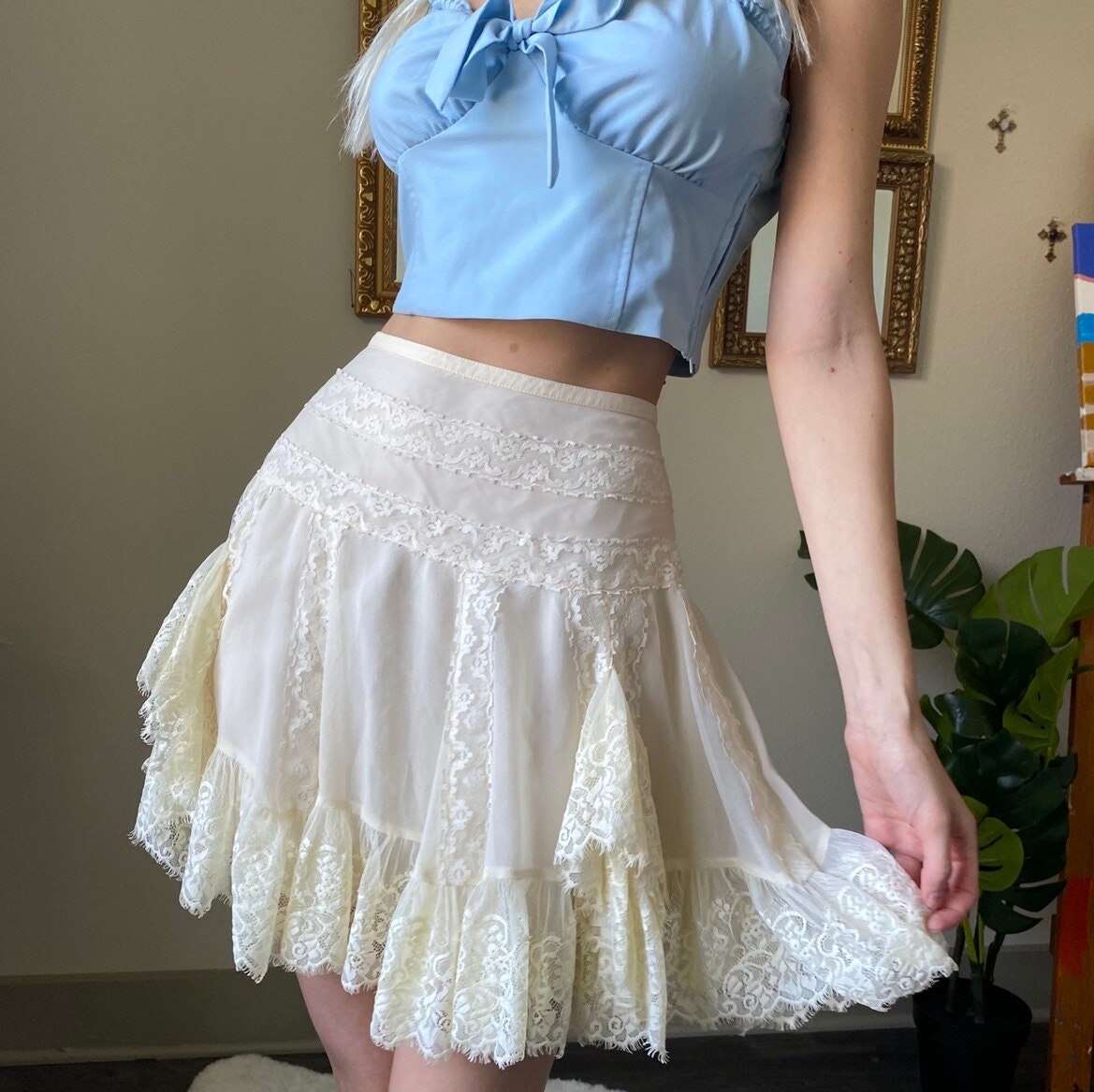Cottagecore Clothing, Prairie White Lace Ruffle Pleated Skirt - Fairycore Aesthetic Retro Mini Skirt - Women A-Line Boho Skirt
