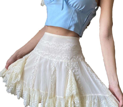 Cottagecore Clothing, Prairie White Lace Ruffle Pleated Skirt - Fairycore Aesthetic Retro Mini Skirt - Women A-Line Boho Skirt