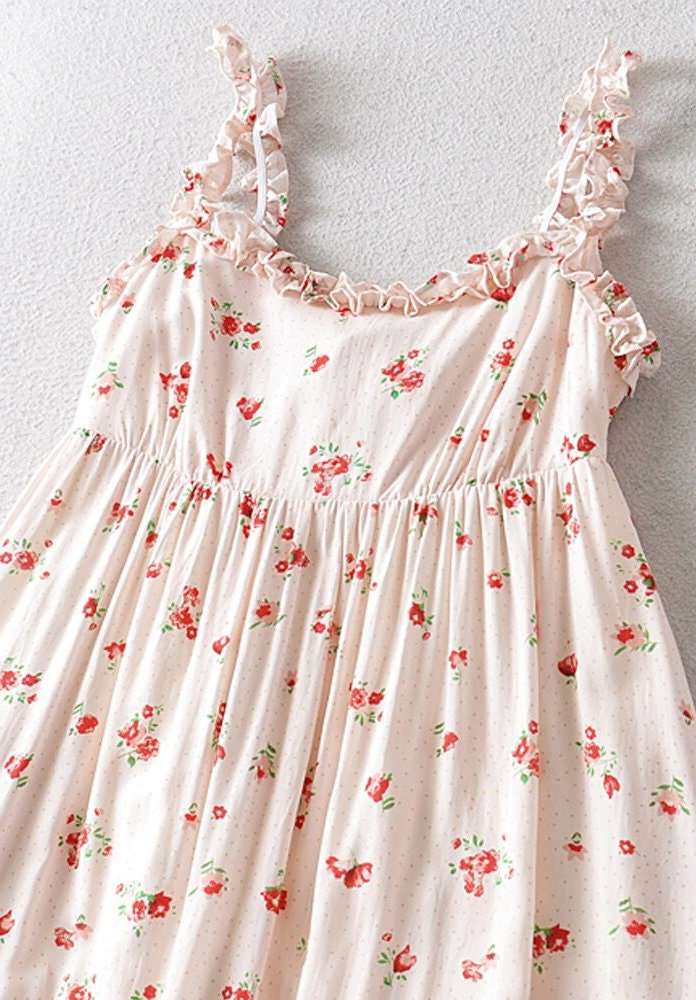 Cottagecore Prairie A-Line Mini Dress | Vintage Aesthetic | Floral Ruffle Printed Dress With Bow | Women Flounced Sleeveless Boho Dress