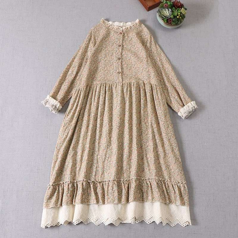 Cottagecore Prairie Midi Dress | Fairycore Clothing, Floral Ruffled A-Line Dress | Women Romantic Period Long Sleeves Boho Dress