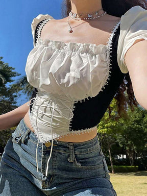Cottagecore Clothing, Milkmaid Crop Blouse - Vintage Prairie Aesthetic, Lace Up Boho Period Style Top