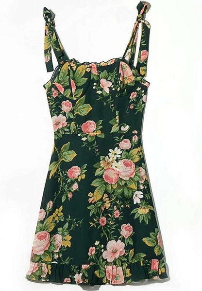 Cottagecore Clothing, Botanical Mini Dress - Women Ruffle Floral Print Dress - Vintage Backless Spaghetti Strap A-Line Boho Dress
