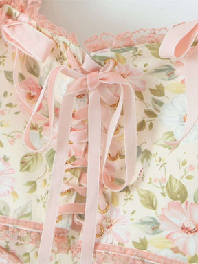 Bow Cross Lace Up Matching Set, Princesscore Aesthetic, Floral Print Crop Top with High Waist Ribbon Asymmetric Mini Skirt, Set of 2 Piece