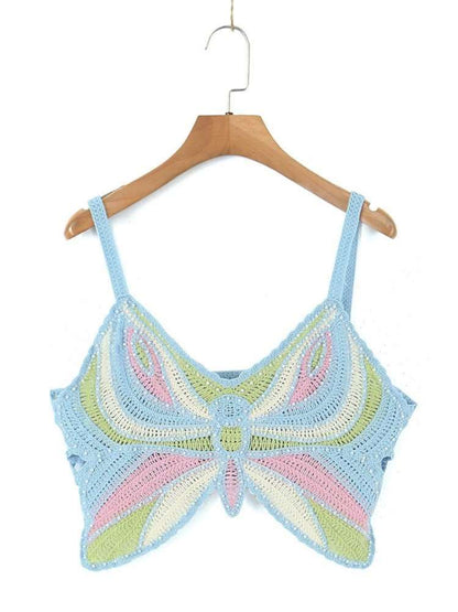 Fairycore Boho Beading Butterfly Crochet Camisole, Coquette Aesthetic, Women Hollow Out Contrast Color Crop Top, Women Sexy Halter Tank Top