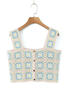 Boho Teatime Crochet Crop Top, Cottagecore Aesthetic, Geometric Flower Boho Camisole, Women Front Open Buttons Tank Top