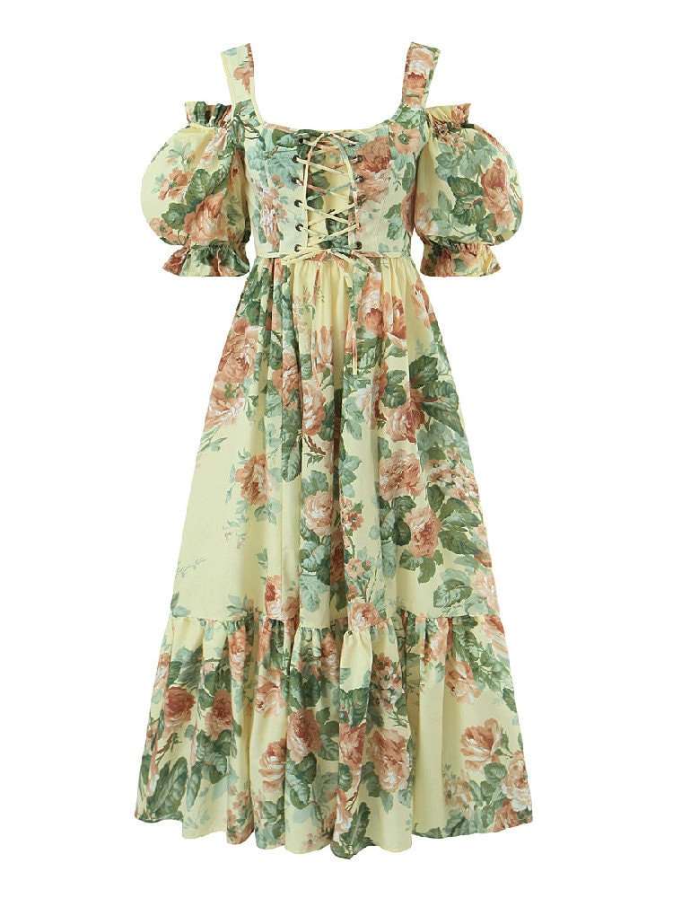 Cottagecore Floral Vintage Dress, Princesscore Aesthetic, Fairy Robe Cross Bandage Lacing Up Matching Crop Top and Off-Shoulder Maxi Dress
