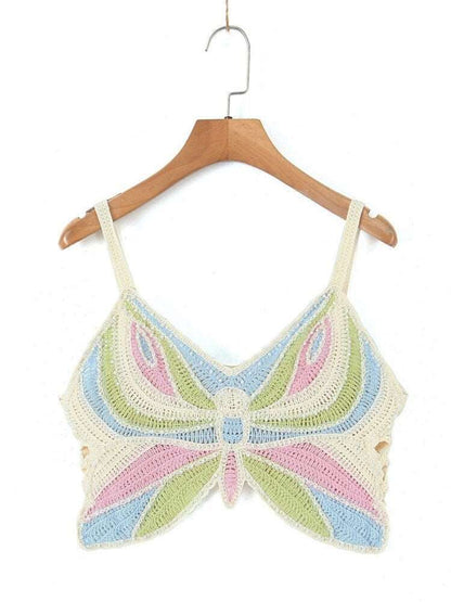Fairycore Boho Beading Butterfly Crochet Camisole, Coquette Aesthetic, Women Hollow Out Contrast Color Crop Top, Women Sexy Halter Tank Top
