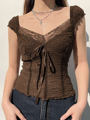Cottagecore Brown Lace Crop Top, Fae Aesthetic, Square Collar Bow T-Shirt, Vintage Short Sleeve Halter Tee, Women Stretchy Tank Top