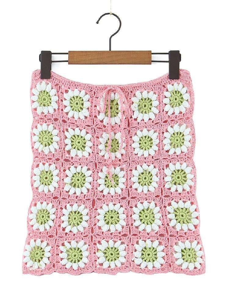 Cottagecore Crochet Matching Set, Women Sleeveless Tank Top with Lace Up Bandage Waist Mini Short Skirt, 2 Piece Set