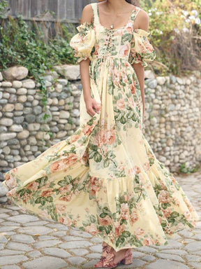 Cottagecore Floral Vintage Dress, Princesscore Aesthetic, Fairy Robe Cross Bandage Lacing Up Matching Crop Top and Off-Shoulder Maxi Dress