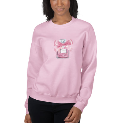 Coquette Clothing - Vintage Pink Perfume Bottle and Bow Print - Long Sleeve Y2K Sweater Unisex | Coquette, coquette sweater, Cottagecore, kawaii, new, pink aesthetic, princesscore | Moon and Cottage