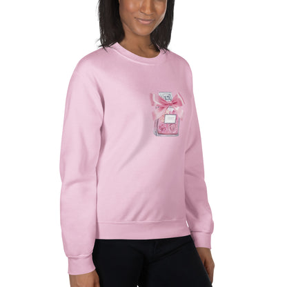 Coquette Clothing - Vintage Pink Perfume Bottle and Bow Print - Long Sleeve Y2K Sweater Unisex