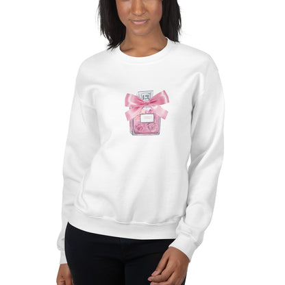 Coquette Clothing - Vintage Pink Perfume Bottle and Bow Print - Long Sleeve Y2K Sweater Unisex