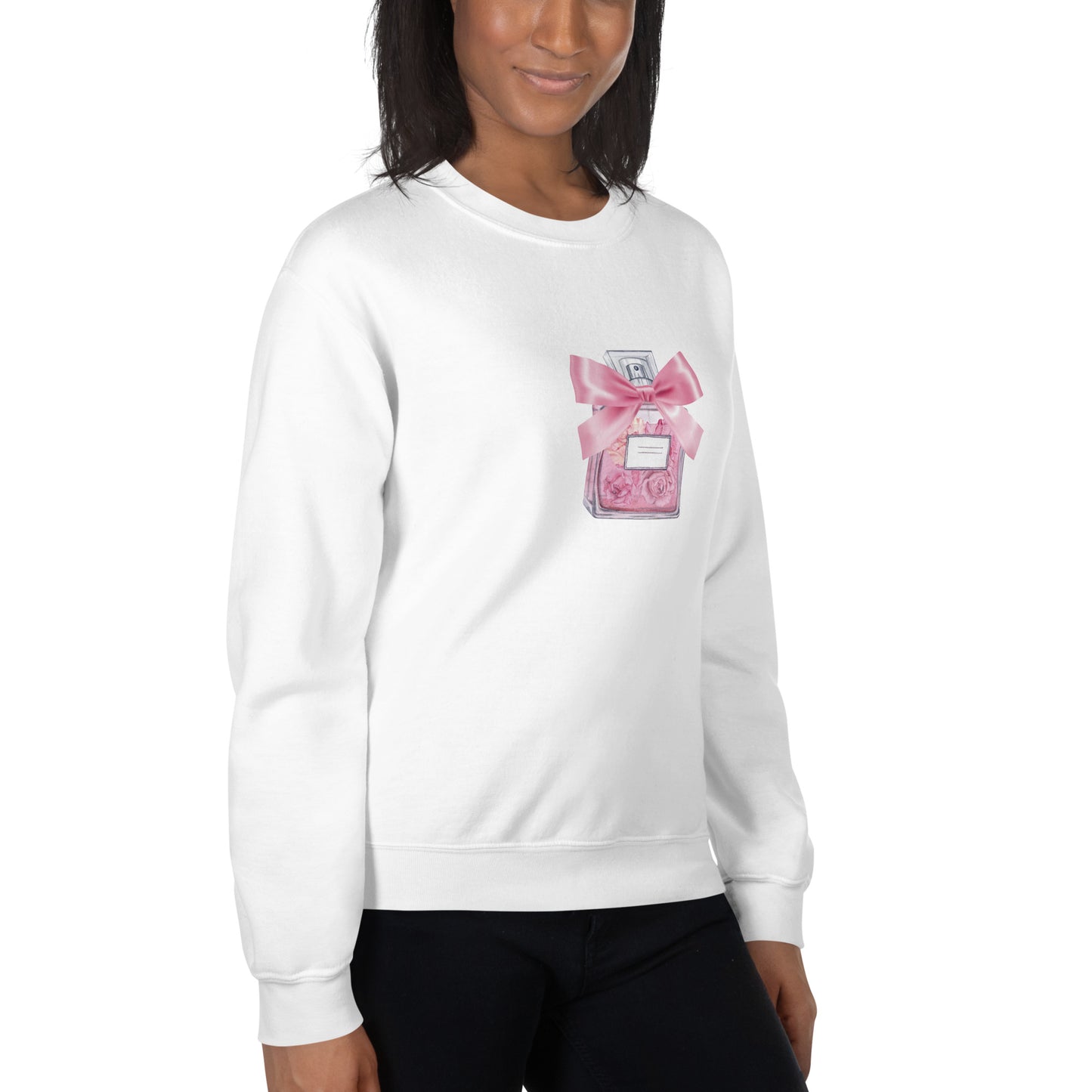 Coquette Clothing - Vintage Pink Perfume Bottle and Bow Print - Long Sleeve Y2K Sweater Unisex