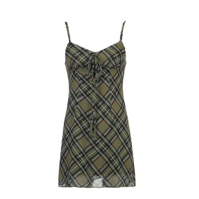 Vintage Green Plaid Mini Dress - Indie Aesthetic, Y2k Mesh Sleeveless Dress - Women Checkered Backless Spaghetti Straps Dress