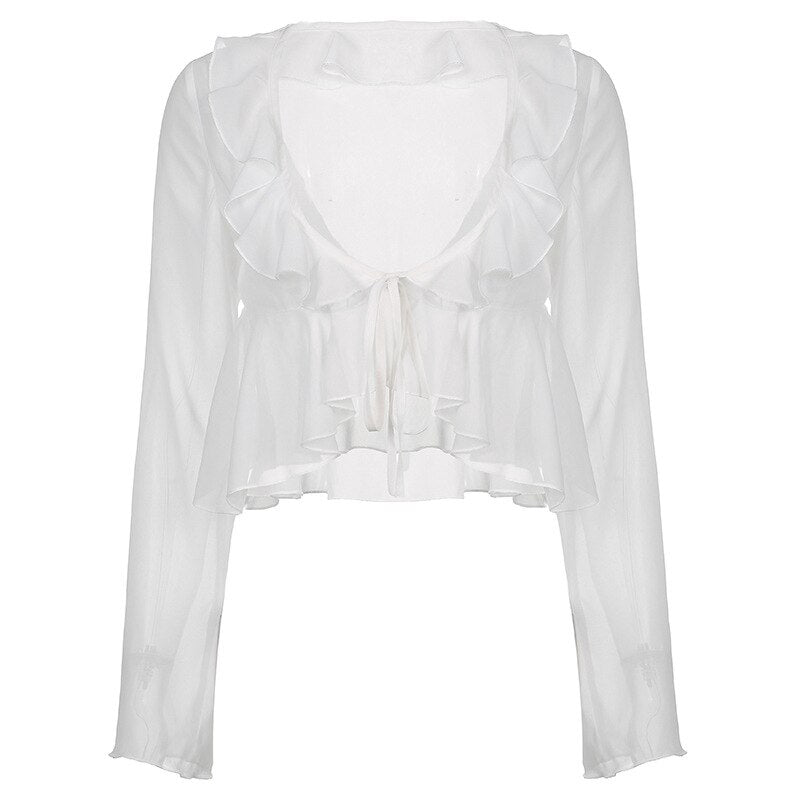White Fairycore Ruffled Crop Top - Y2k Aesthetic, Vintage Long Sleeve - Women Chic Tie Up Cottagecore Shirt