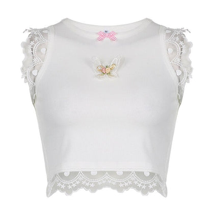 Coquette Butterfly Floral Tank Top - Grunge Fairycore Lace Knitted Crop Top - White O-Neck Bow Ribbed Patchwork Boho Tee