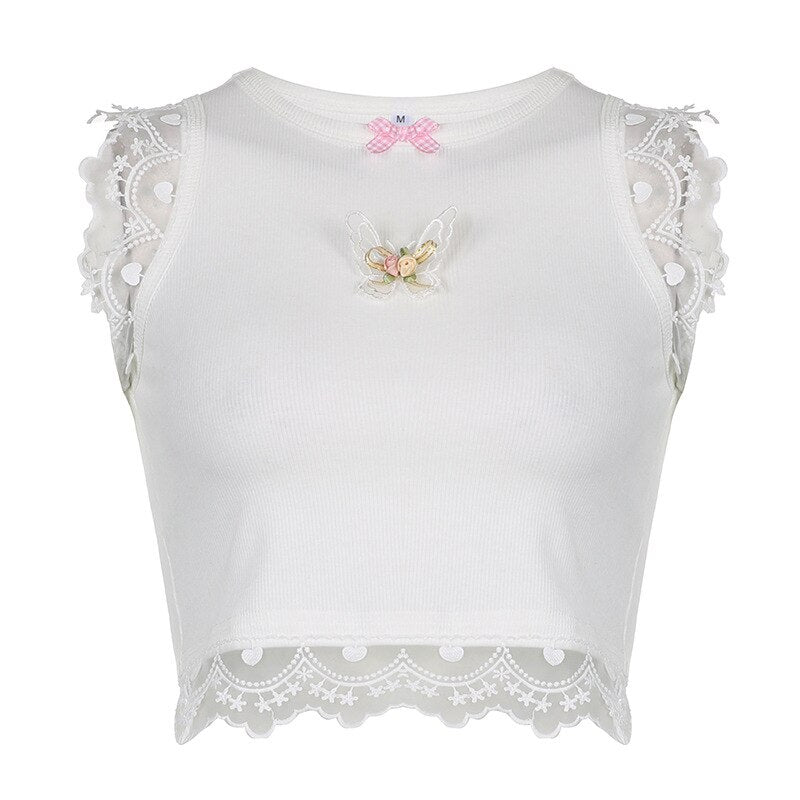 Coquette Butterfly Floral Tank Top - Grunge Fairycore Lace Knitted Crop Top - White O-Neck Bow Ribbed Patchwork Boho Tee | new | Moon and Cottage