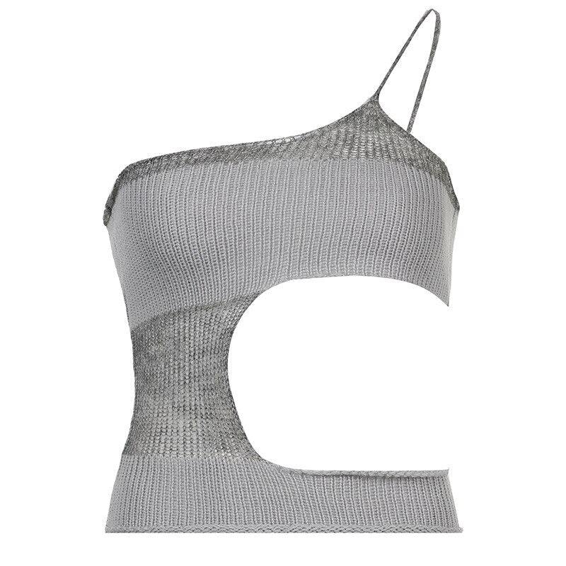 Galatic Y2k Knitted Cut Out Crop Top - Grunge Retro Patchwork One Shoulder Tank Top - Women Chic Asymmetrical Backless Boho Camisole | Moon and Cottage