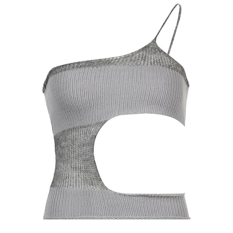 Galatic Y2k Knitted Cut Out Crop Top - Grunge Retro Patchwork One Shoulder Tank Top - Women Chic Asymmetrical Backless Boho Camisole