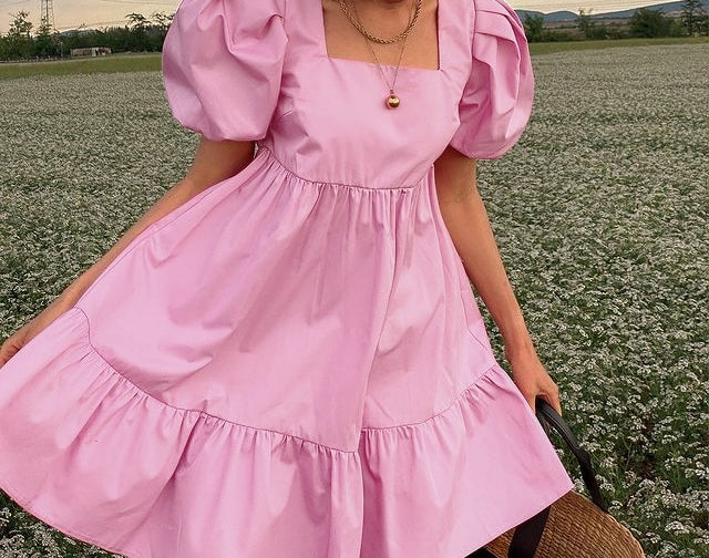 Cottagecore Clothing Off Shoulder Flounce Puff Sleeve Dress - Faecore Aesthetic, High Waist Ruffle Mini Dress - Women Bohemian Prom A-Line Dress
