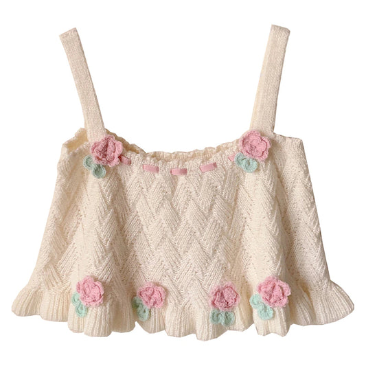 Cottagecore Aesthetic Embroidered Floral Crop Top - Y2k Aesthetic, Boho Knitted Cami | new | Moon and Cottage