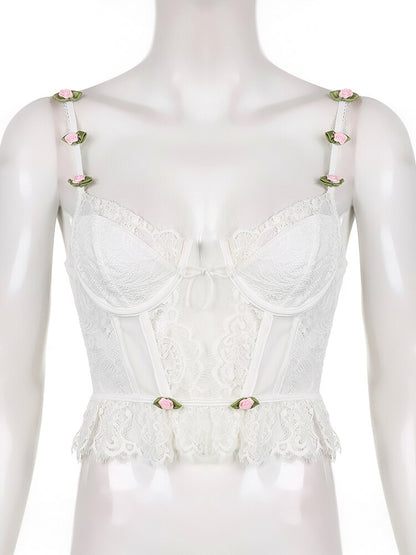 Coquette Floral Lace Corset Top - Fairycore Aesthetic, White Ruffle Bow Spaghetti Strap Corset - Women Chic Patched Bustier Corset