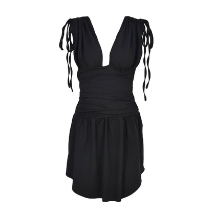 Grunge Fairycore Sleeveless Mini Dress - Vintage Ruched Deep V Neck Boho Sundress - Women Clothing Y2k Pleated Backless Dress