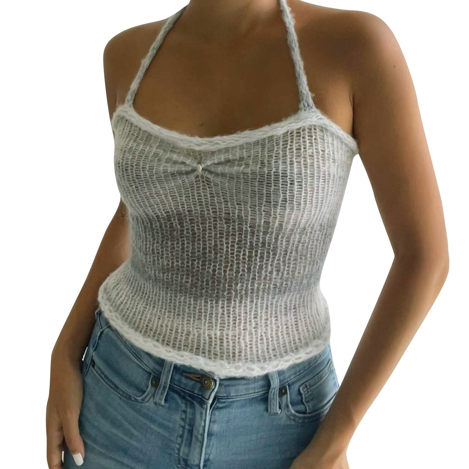 Moon Crescent Dreams Vintage Retro Knitted Halter Top - Y2k Aesthetic, Backless Spaghetti Strap Boho Camisole - Women Sleeveless Crochet Crop Top
